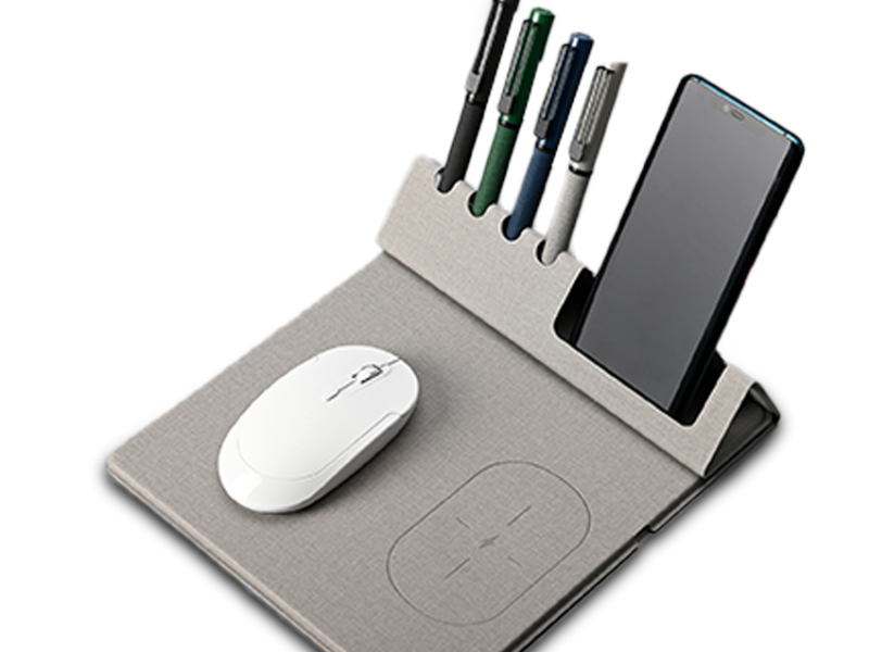 W-PAD ORGANIZER - 10W Fast Charging Wireless Mouse Pad with Bamboo Desktop Organizer