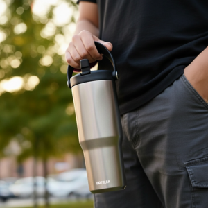 EXPLORER Powder Coating - Versatile 900ml Recycled Stainless Steel Mug with Straw - Image 6