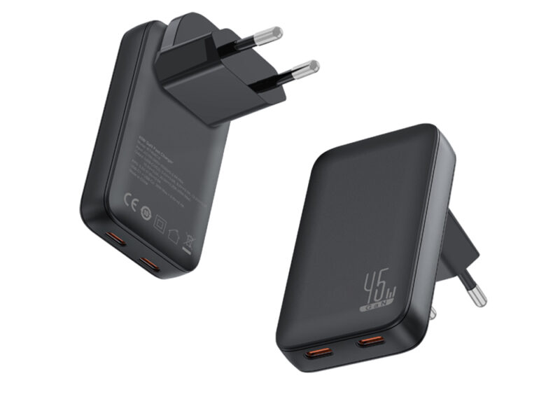 SLIM TRAVI SET – Ultra-Compact Dual USB-C Fast Charger with 45W Power & PPS Support in Travel Pouch