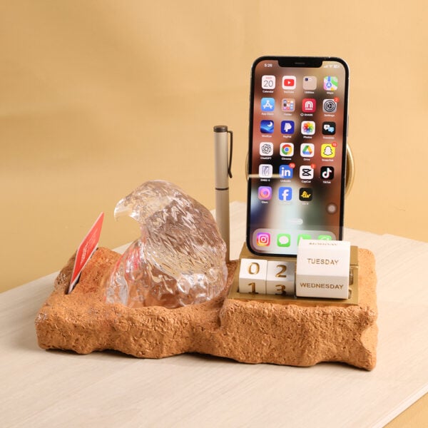 E1373-3 REGAL DESK PIECE – UAE-Crafted Crystal Falcon Head Desktop Organizer with Card Holder, Pen Holder, Phone Stand & Calendar - Image 3