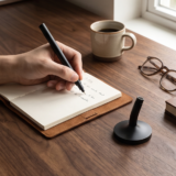 DESK MAGPEN ? Sleek Matte Black Aluminum Roller Pen with 0.7mm Blue Ink & Matching Stainless Steel Base - Image 2